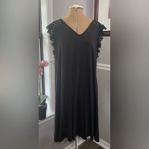 NWT LOFT sz XL Black Midi Dress with Lace Sleeves